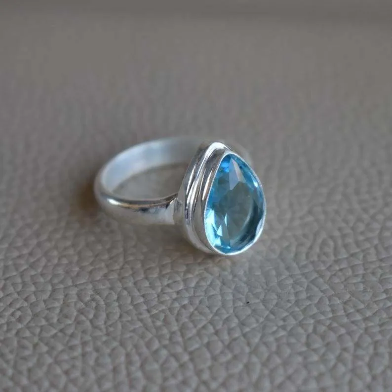 Natural Blue Topaz Ring-Handmade Silver Ring-925 Sterling Silver Ring-Teardrop Blue Topaz Ring-Gift for her-December Birthstone-Promise Ring