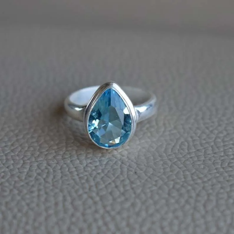 Natural Blue Topaz Ring-Handmade Silver Ring-925 Sterling Silver Ring-Teardrop Blue Topaz Ring-Gift for her-December Birthstone-Promise Ring