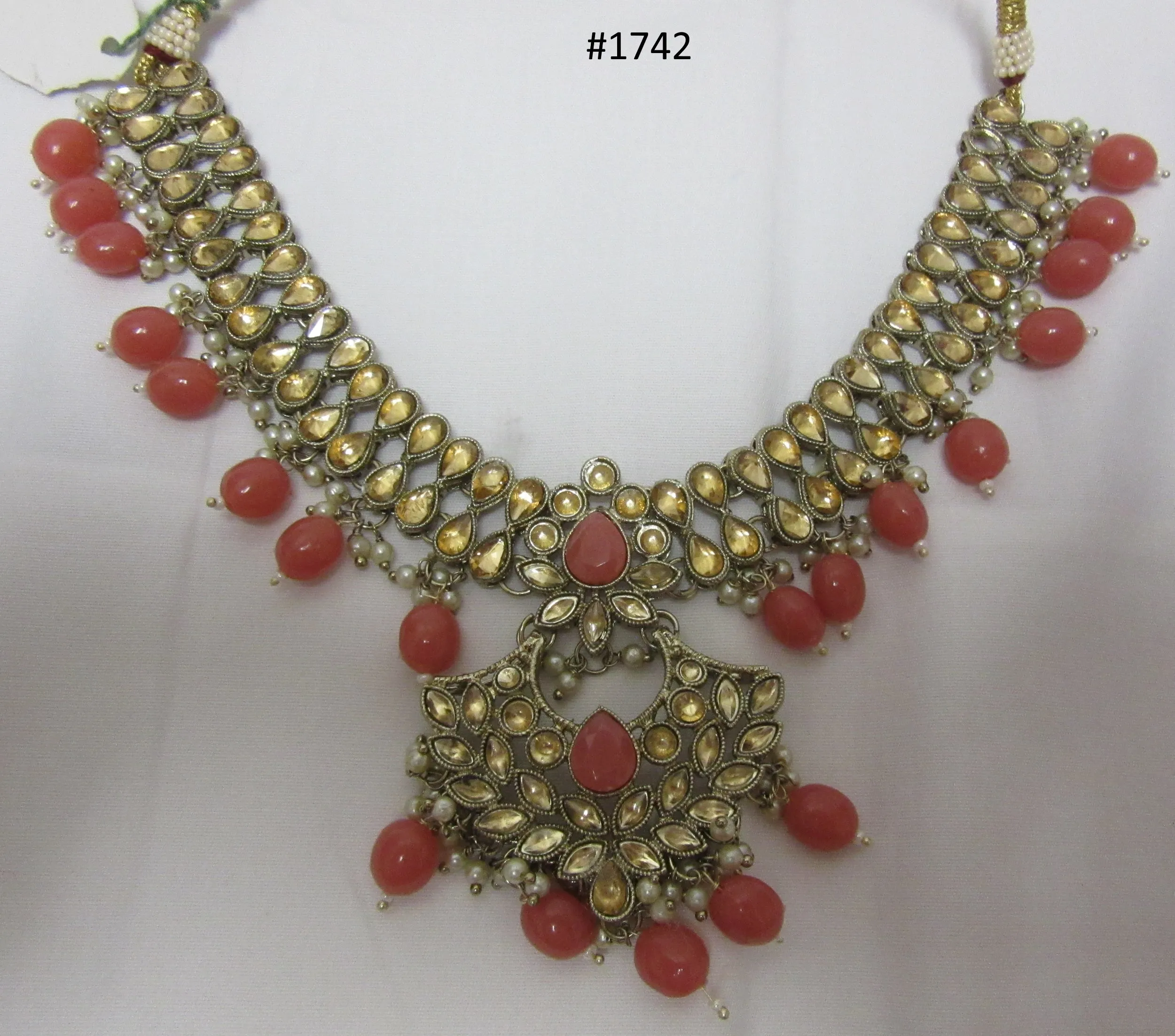 Necklace 3051742 Indian Designer Gold Finish Pink Beads Necklace Set