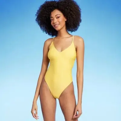 New - Shade & Shore Women's Cheeky High Leg One Piece Swimsuit V-Neck Swimwear