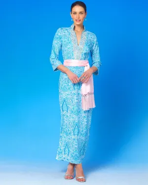 Noor Long Tunic Dress in Turquoise Paisley and Silver Embellishment