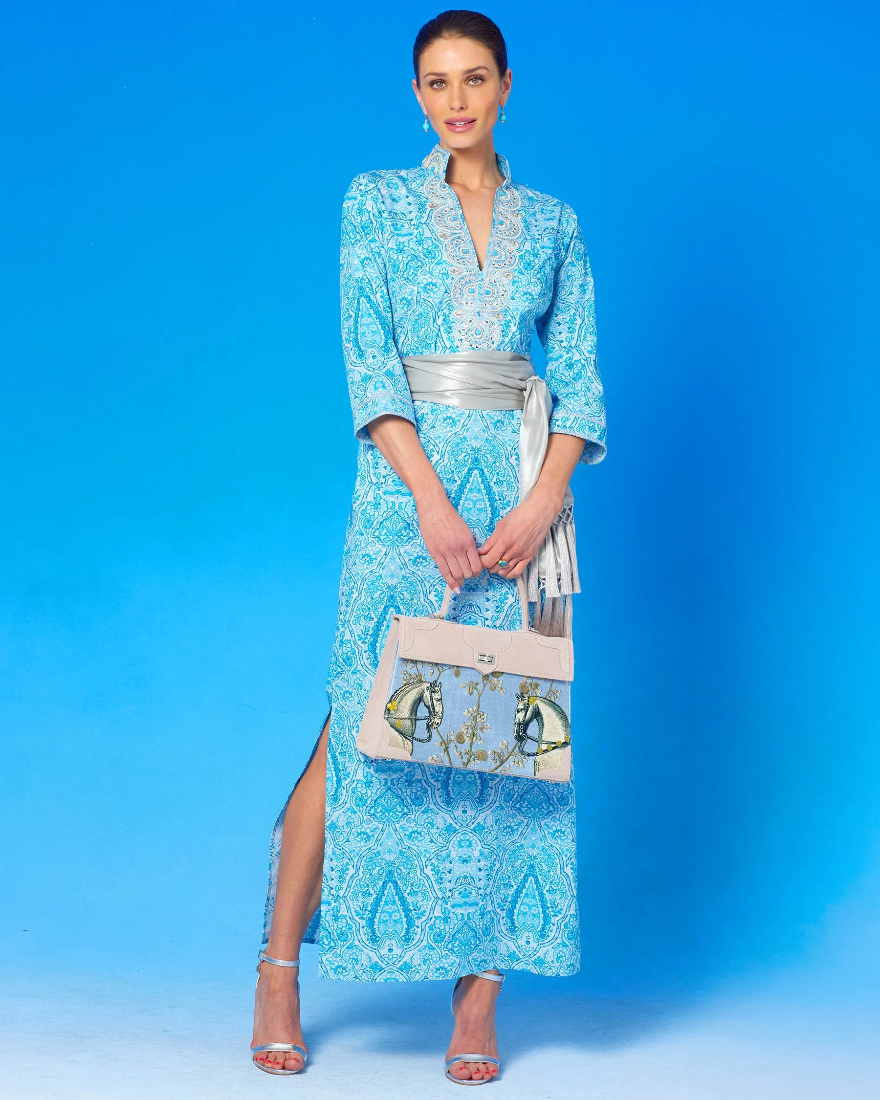 Noor Long Tunic Dress in Turquoise Paisley and Silver Embellishment