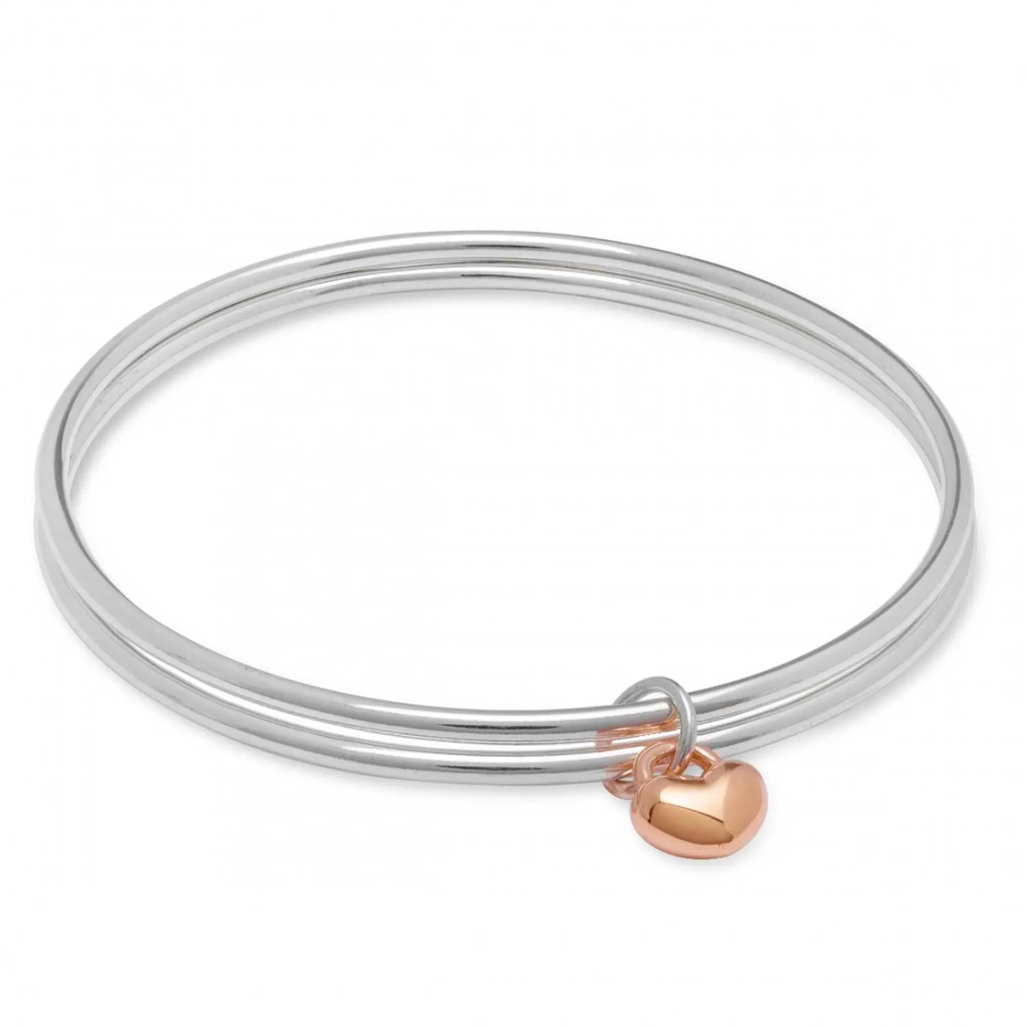 One Love Silver & Solid Rose Gold Heart Double Bangle