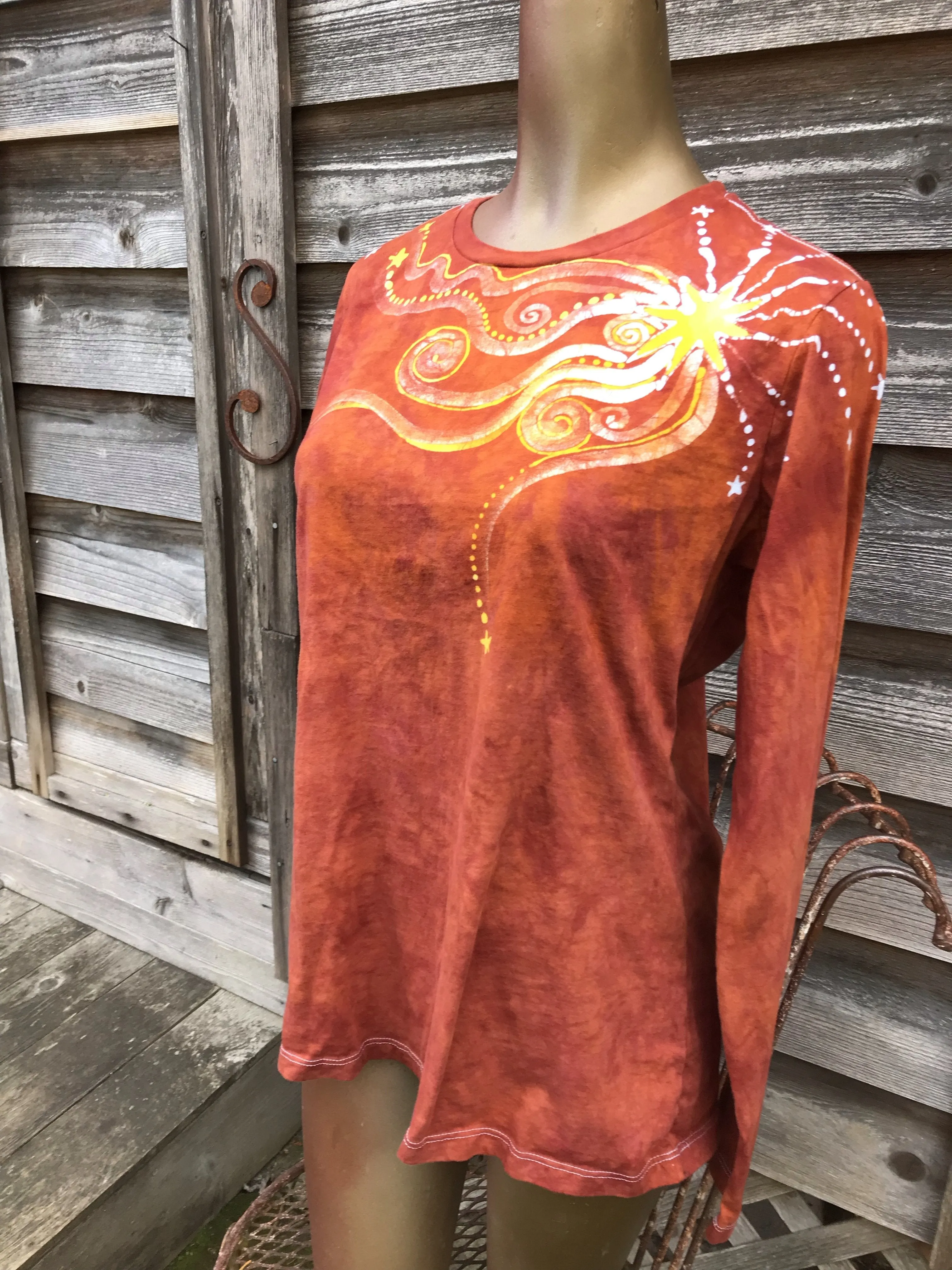 Orange Spice Star Blaze Handmade Long Sleeve Batik Top