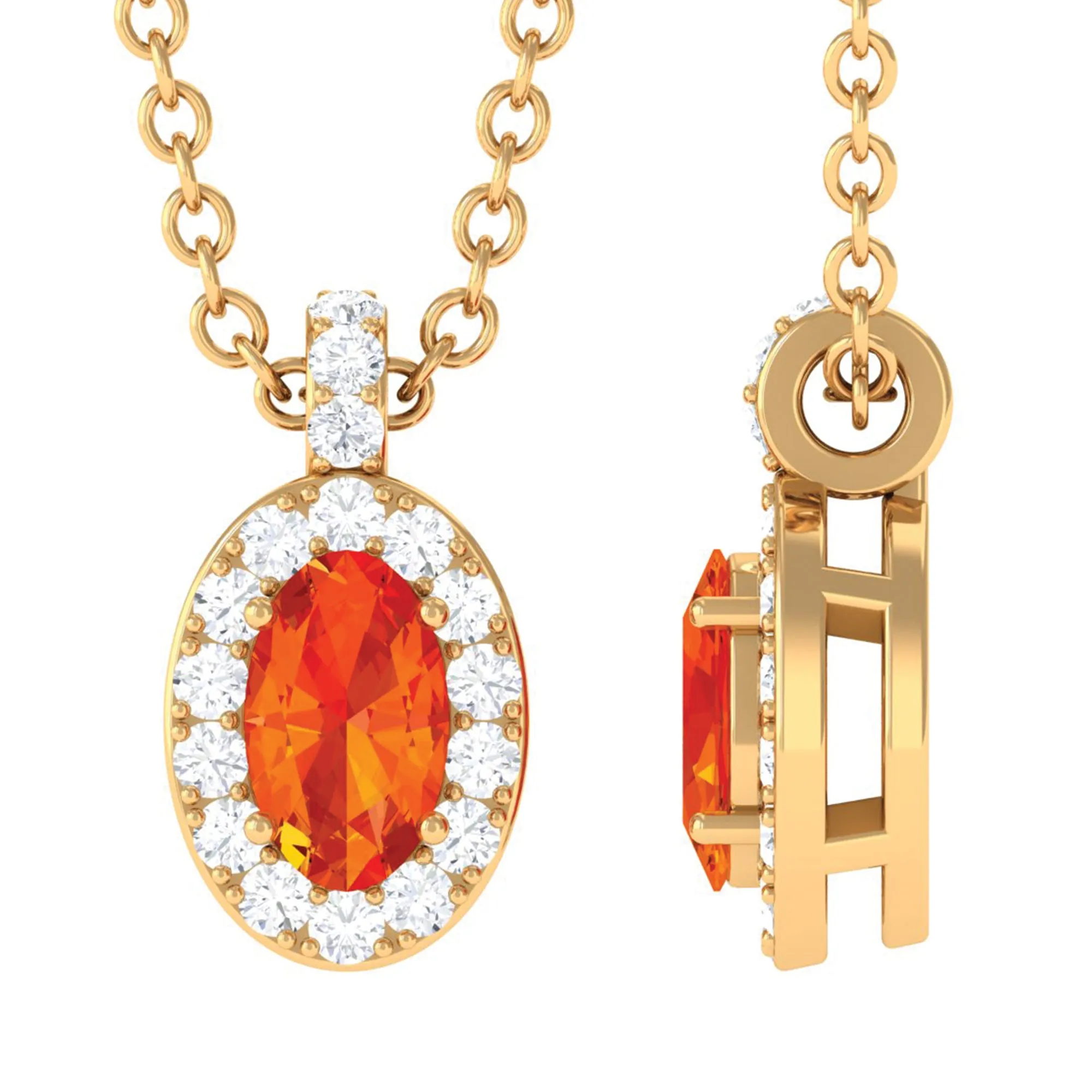 Oval Shape Orange Sapphire and Diamond Halo Pendant