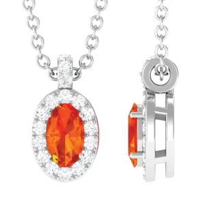 Oval Shape Orange Sapphire and Diamond Halo Pendant