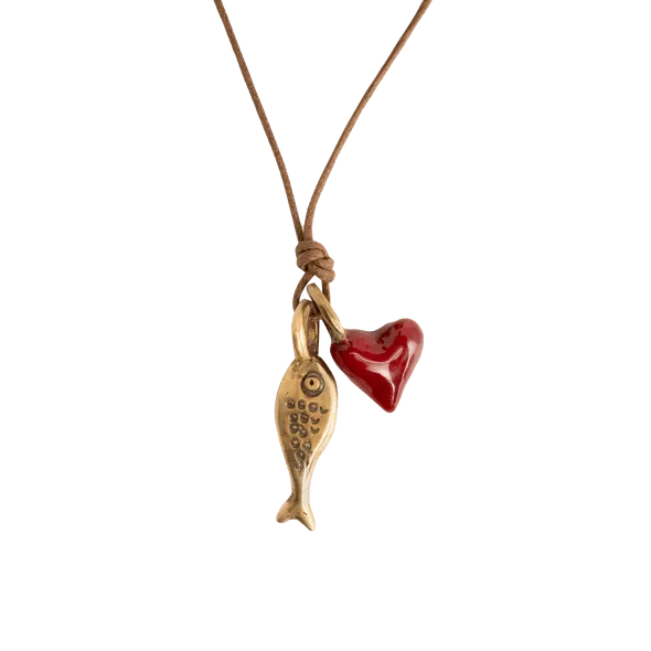 Pesci Che Volano Scorfano Fish and Red Heart Bronze Pendant