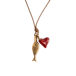 Pesci Che Volano Scorfano Fish and Red Heart Bronze Pendant