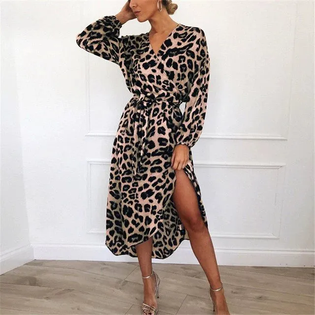 "Sexy Leopard Print V-Neck Maxi Dress | Elegant Sling Dress for Women"