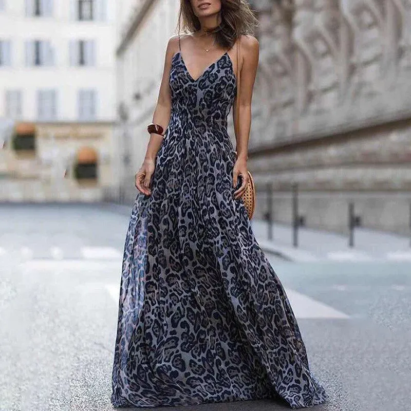 "Sexy Leopard Print V-Neck Maxi Dress | Elegant Sling Dress for Women"