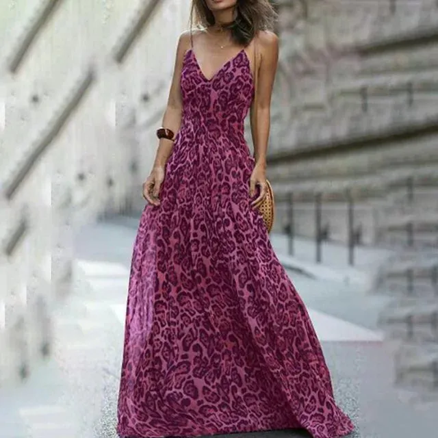 "Sexy Leopard Print V-Neck Maxi Dress | Elegant Sling Dress for Women"