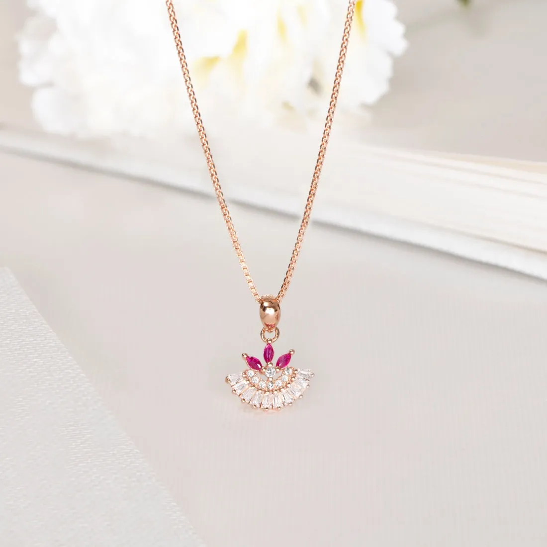 Radiant Rose Gold Symphony Red & White CZ Sterling Silver Pendant with Chain