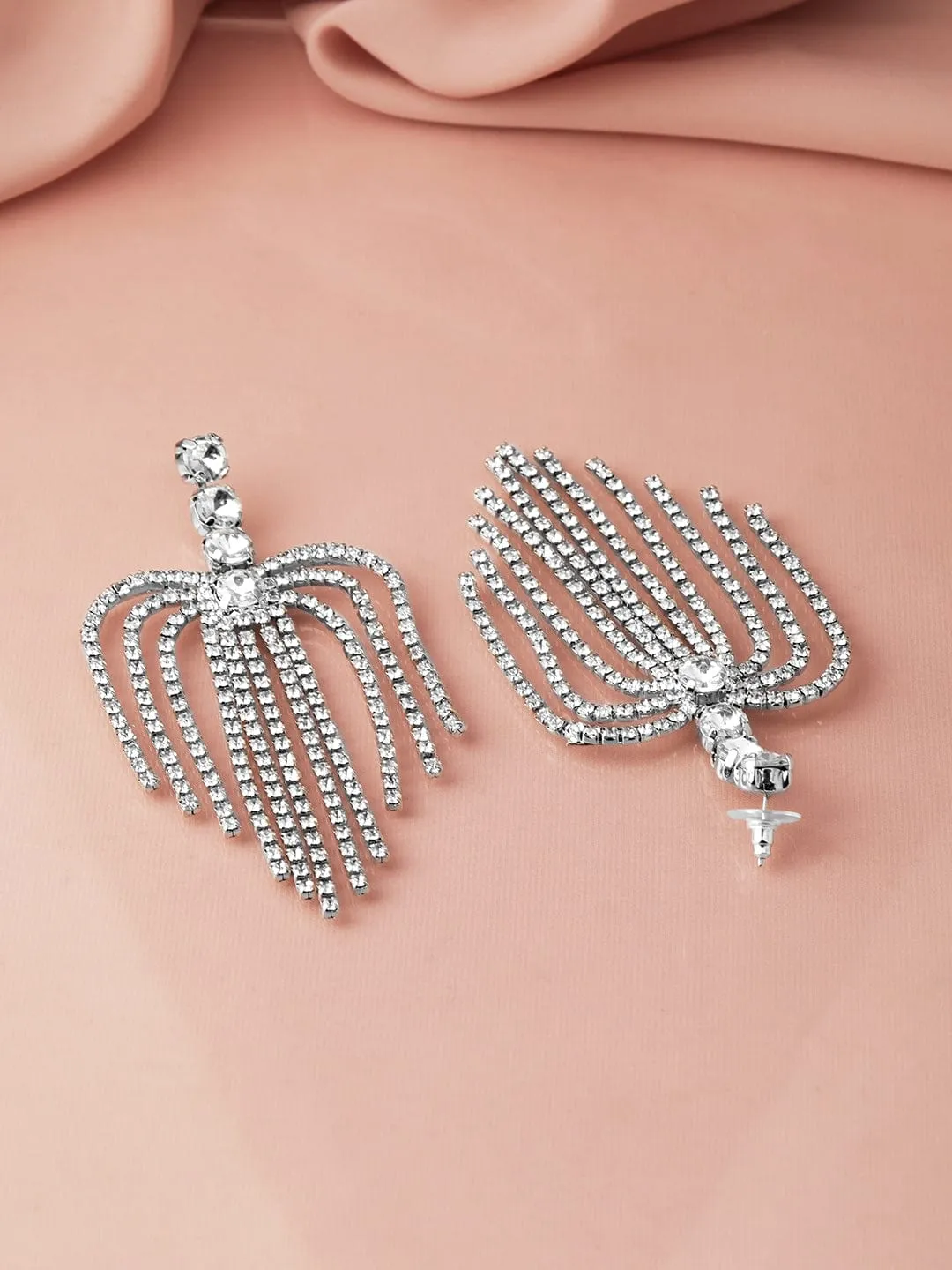 Rhodium Plated AD & Zirconia Studded Multi-Layered Shoulder Duster Earrings