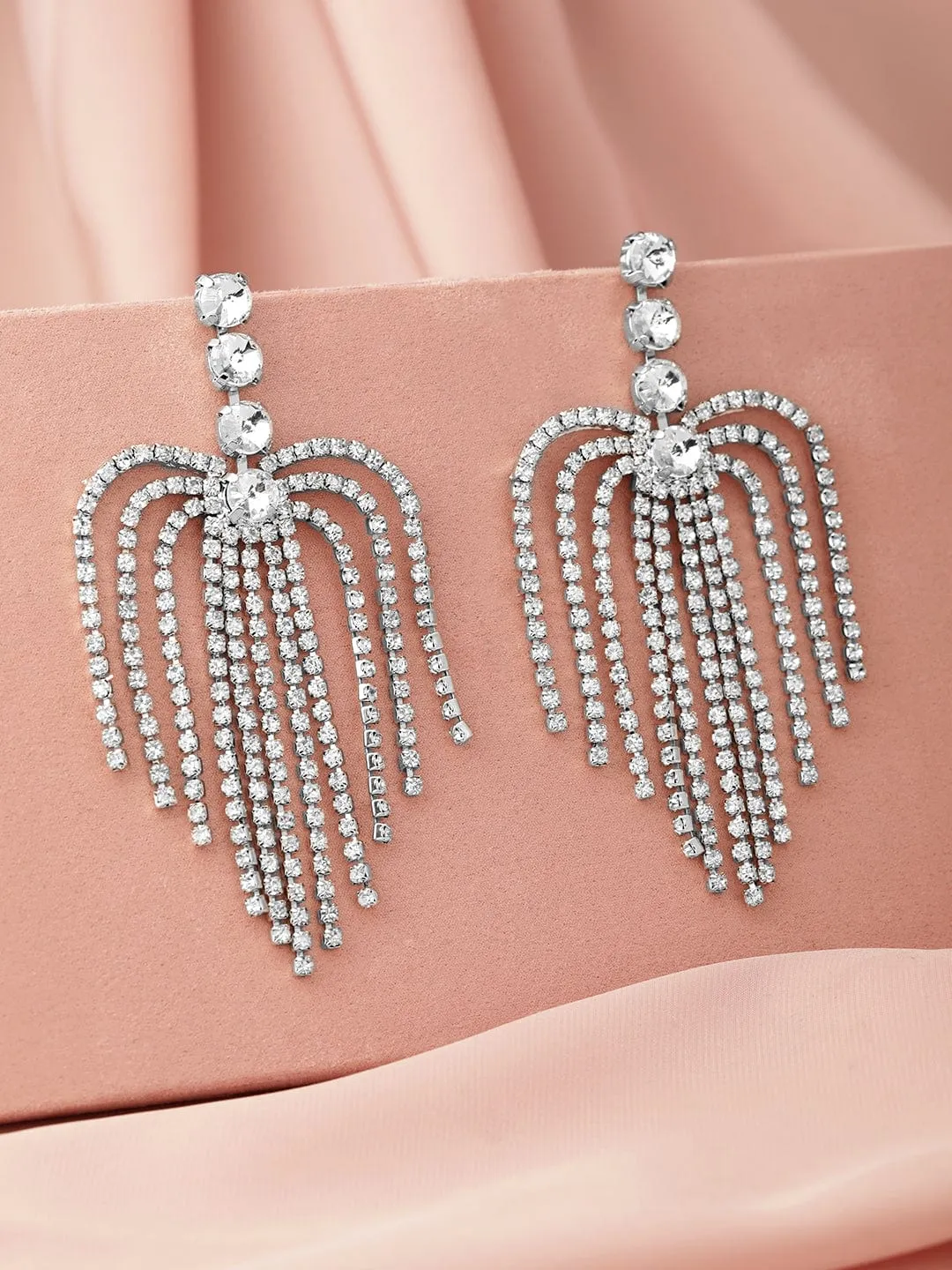 Rhodium Plated AD & Zirconia Studded Multi-Layered Shoulder Duster Earrings