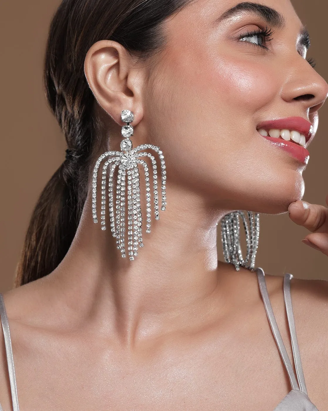 Rhodium Plated AD & Zirconia Studded Multi-Layered Shoulder Duster Earrings