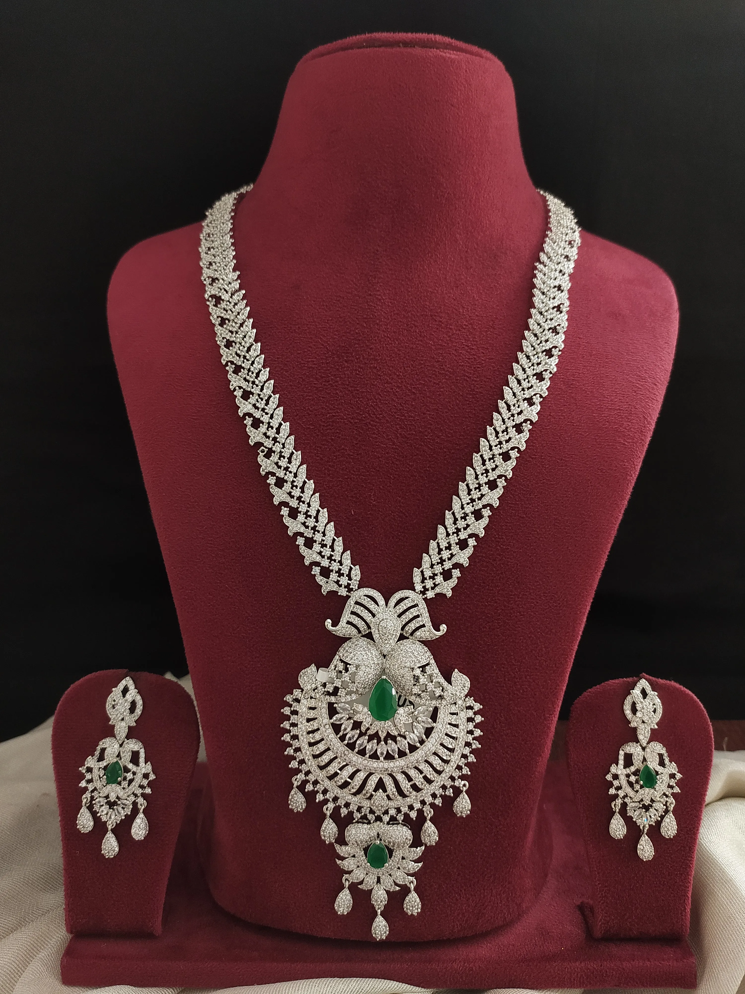 Shimmering Elegance Of Silver-Plated Zircon Diamond Long Haram Set