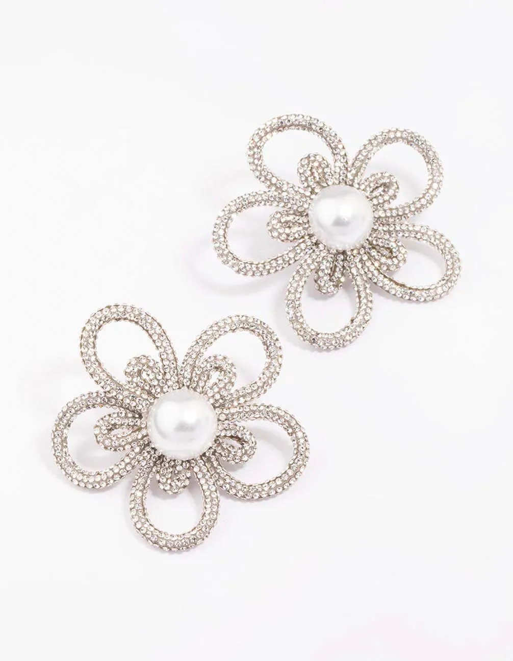 Silver Diamante & Pearl Flower Statement Stud Earrings