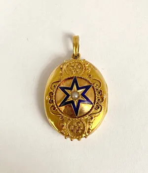 Solid 15ct Gold, Victorian, Blue Enamel and Pearl Starburst Locket, 10.12g