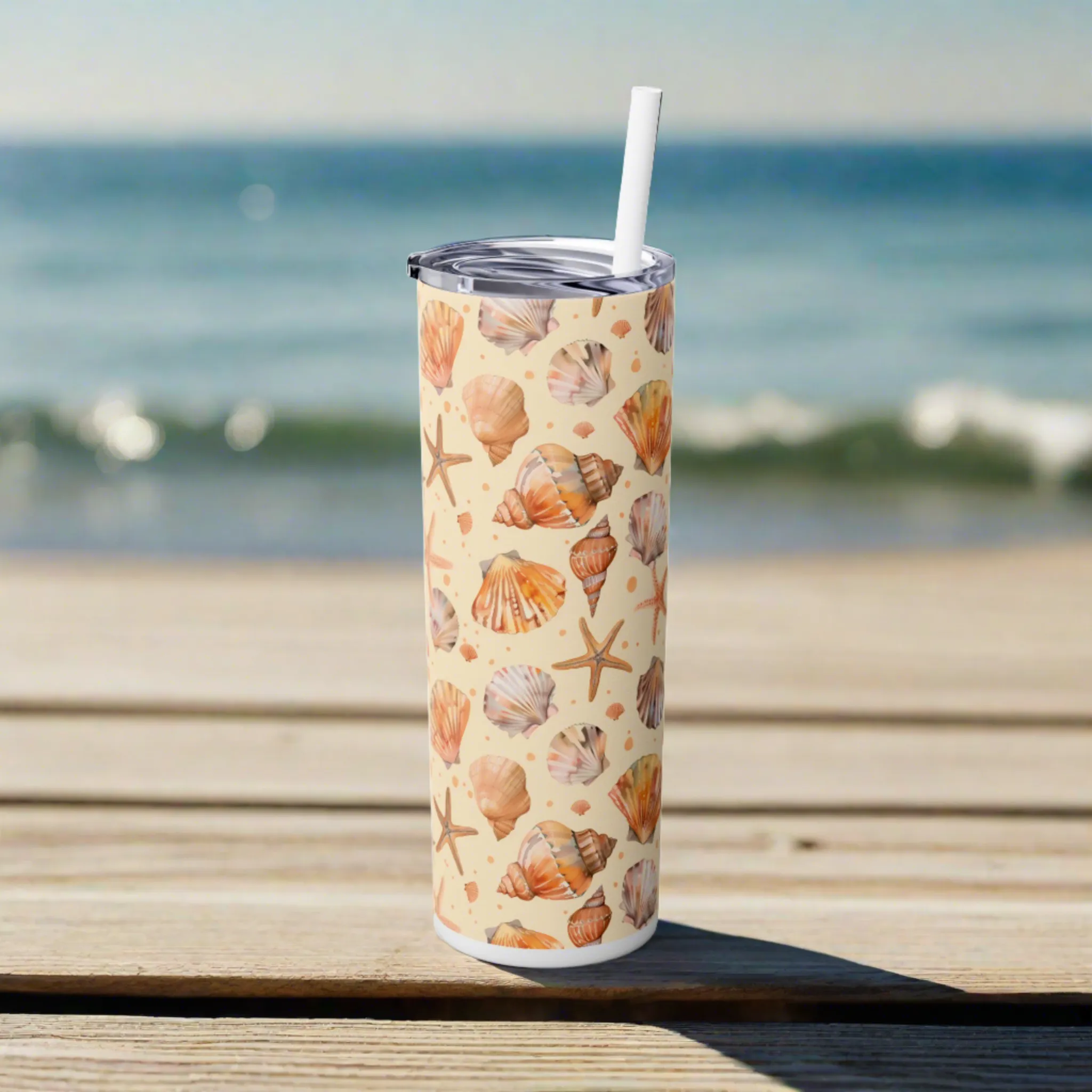 Stainless Steel Tumbler with Lid & Straw, 20 oz (Seashells & Starfish) Double-walled, Keeps Drinks Hot or Cold