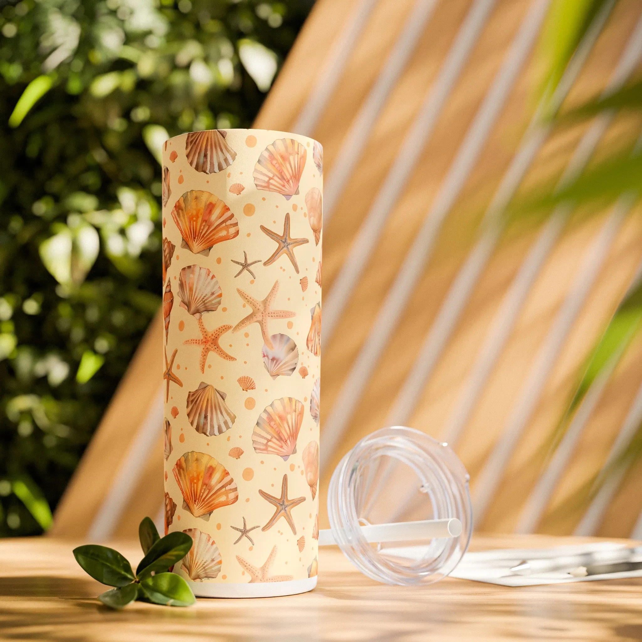 Stainless Steel Tumbler with Lid & Straw, 20 oz (Seashells & Starfish) Double-walled, Keeps Drinks Hot or Cold