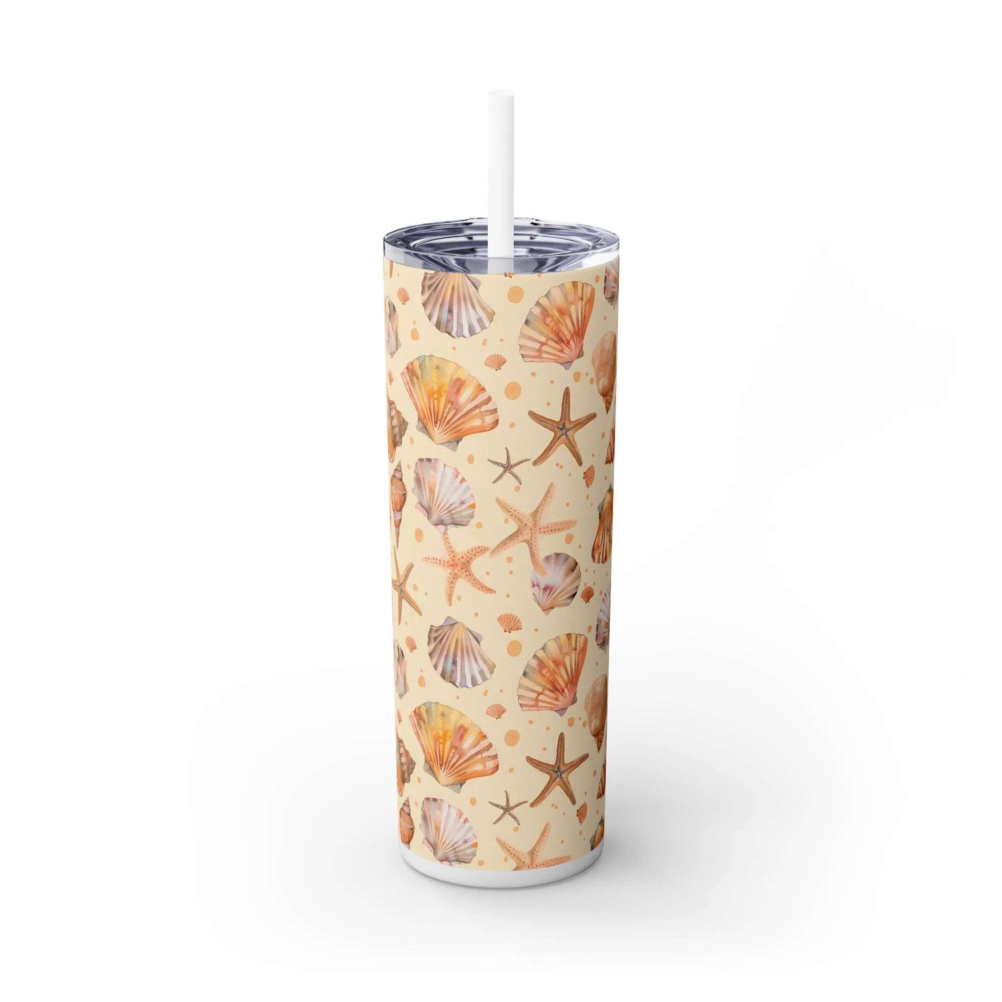 Stainless Steel Tumbler with Lid & Straw, 20 oz (Seashells & Starfish) Double-walled, Keeps Drinks Hot or Cold