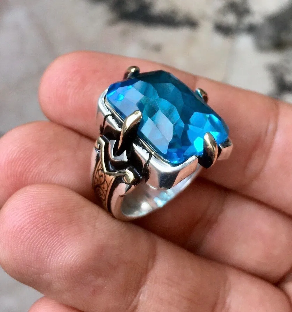 Sterling Silver Men’s Ring Sky Blue Topaz Artisan Handcrafted Unique Jewelry