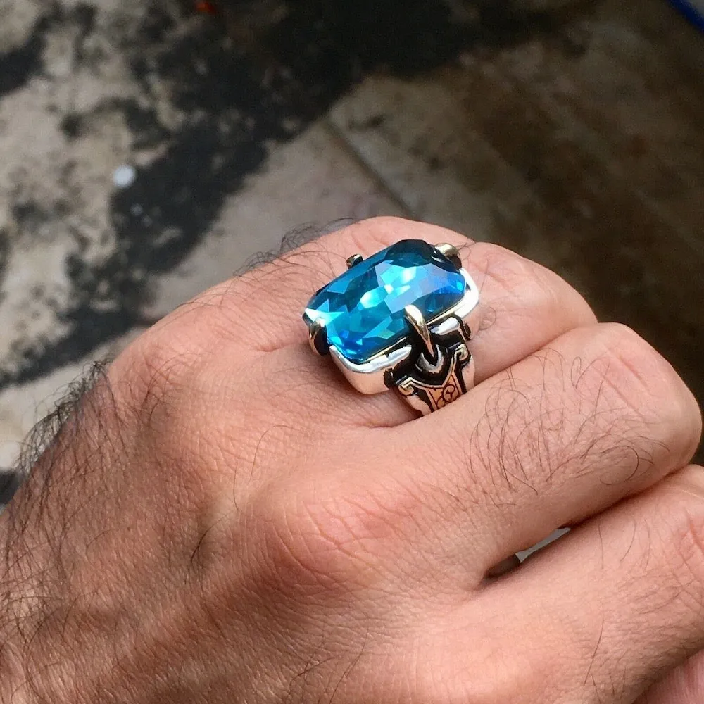 Sterling Silver Men’s Ring Sky Blue Topaz Artisan Handcrafted Unique Jewelry