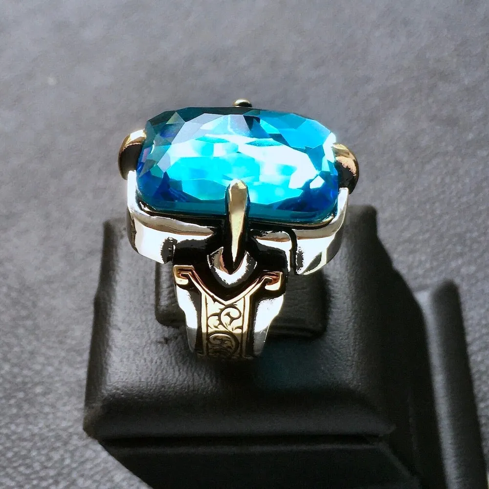 Sterling Silver Men’s Ring Sky Blue Topaz Artisan Handcrafted Unique Jewelry