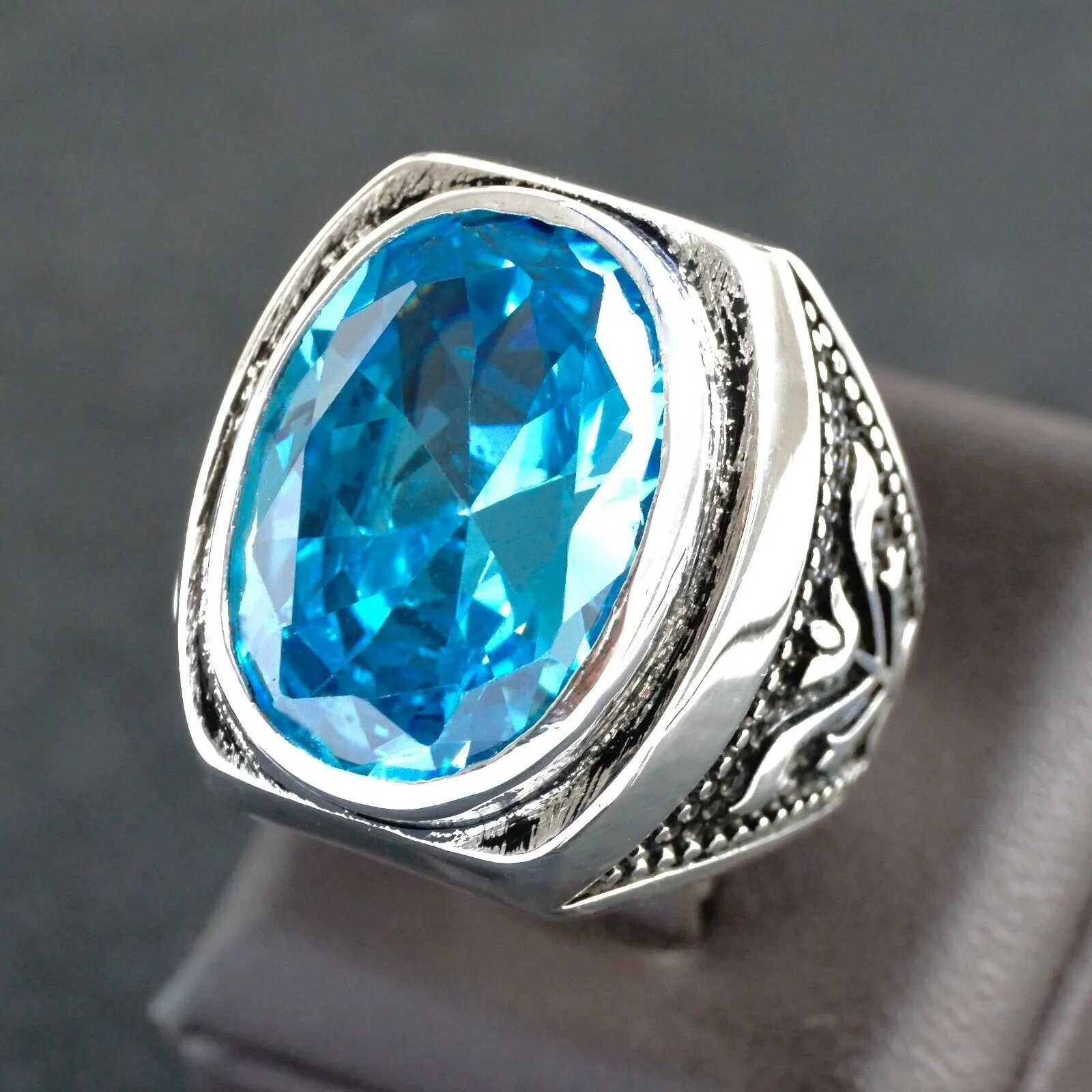 Sterling Silver Men’s Ring Swiss Blue Topaz Artisan Handcrafted Unique Jewelry