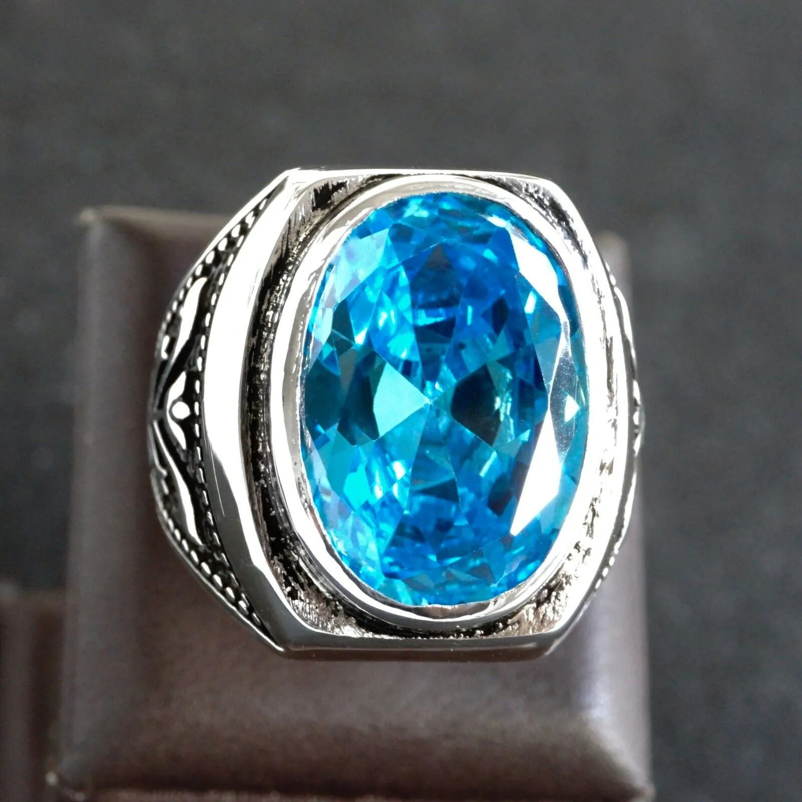 Sterling Silver Men’s Ring Swiss Blue Topaz Artisan Handcrafted Unique Jewelry