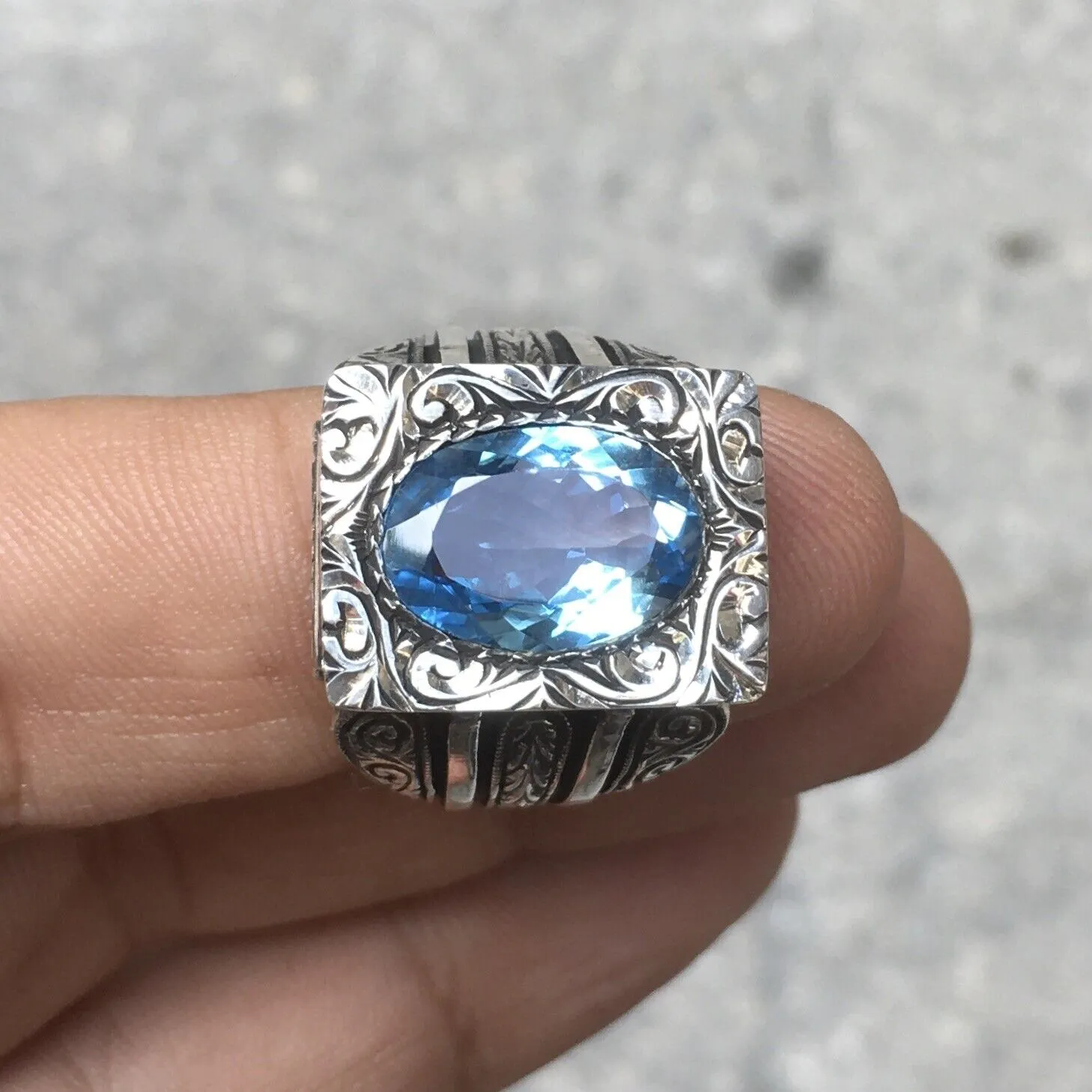 Sterling Silver Men’s Ring Swiss Blue Topaz Unique Artisan Handcrafted Jewelry