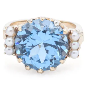 Vintage 10K Yellow Gold 7.77 Ct Blue Topaz & Pearl Cocktail Ring Size 5