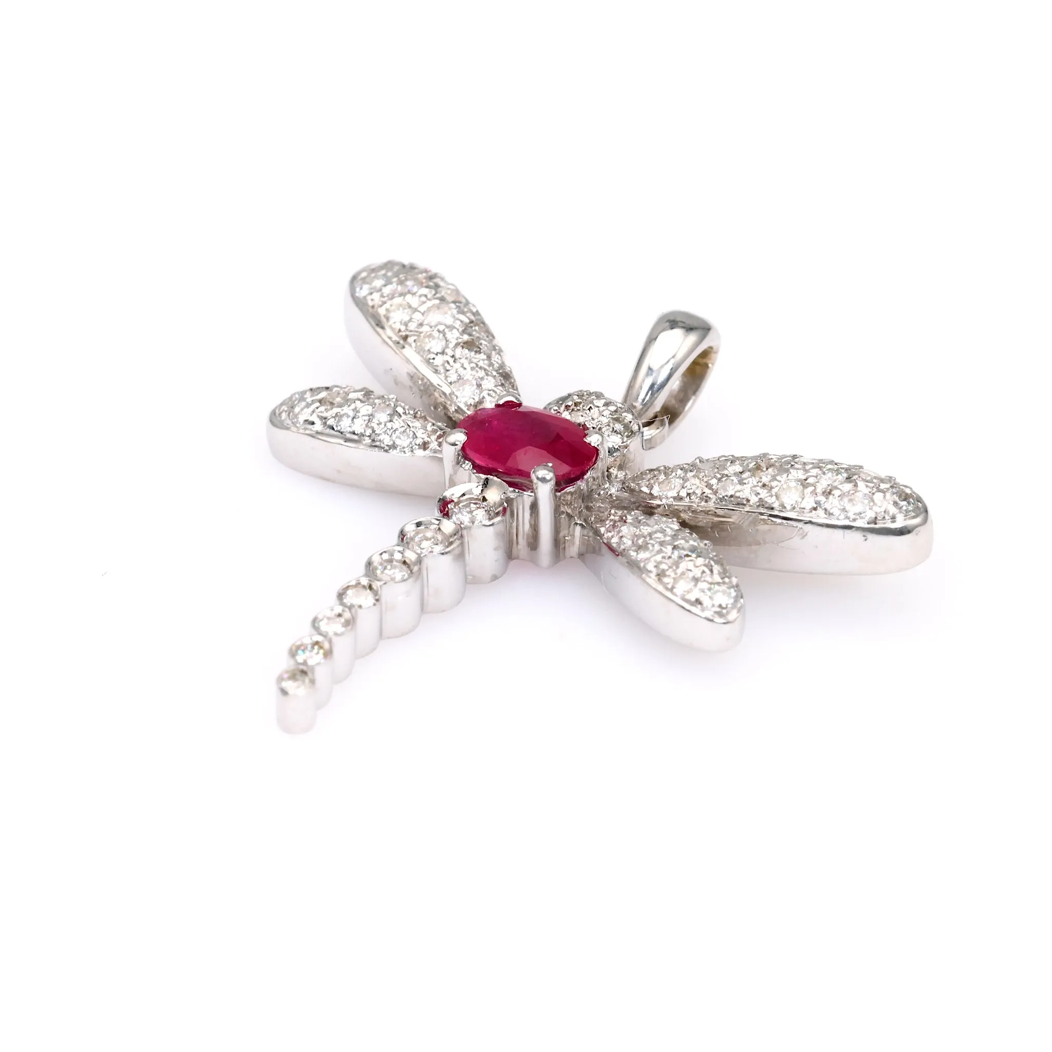 Vintage French Ruby Diamond 18k White Gold Dragonfly Pendant