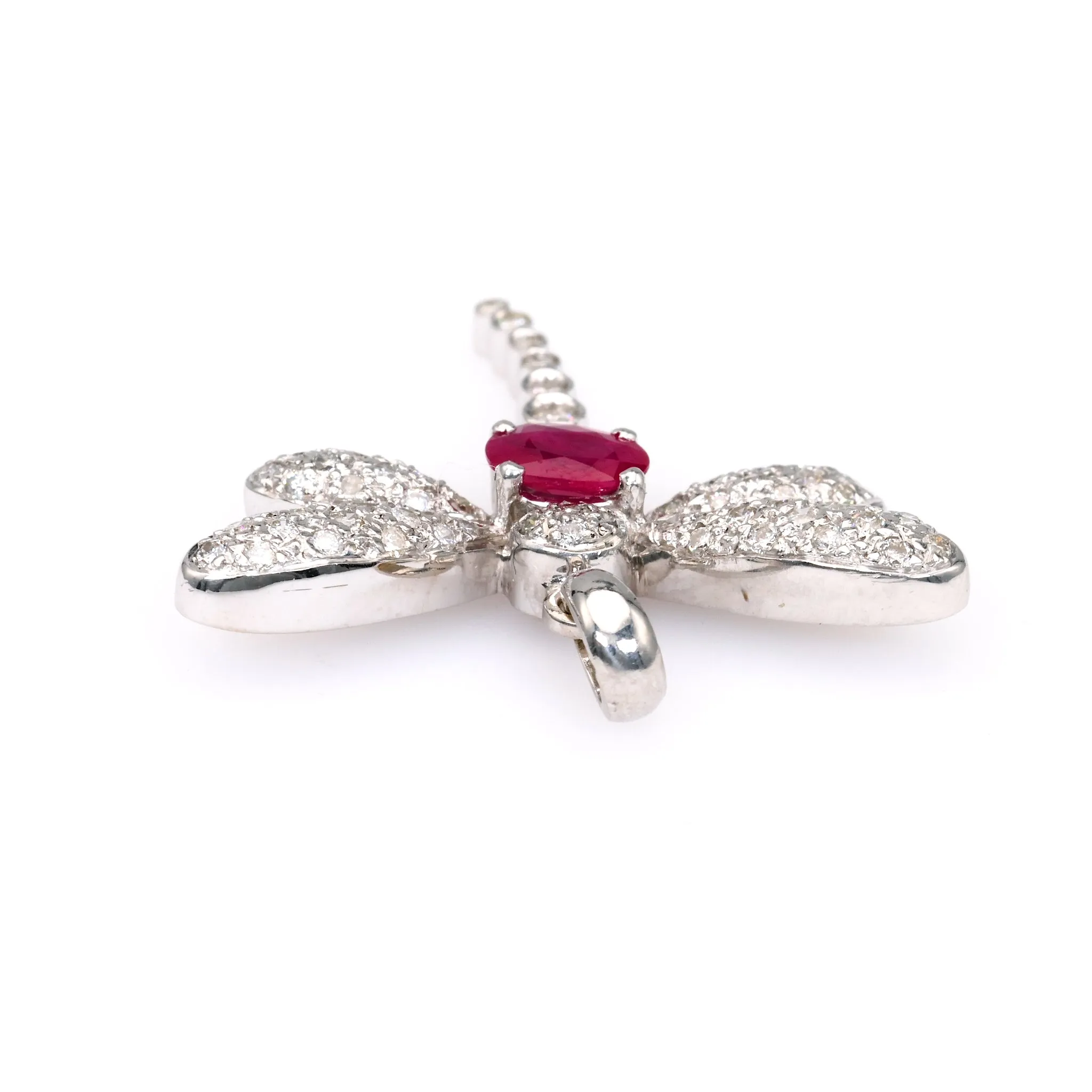 Vintage French Ruby Diamond 18k White Gold Dragonfly Pendant