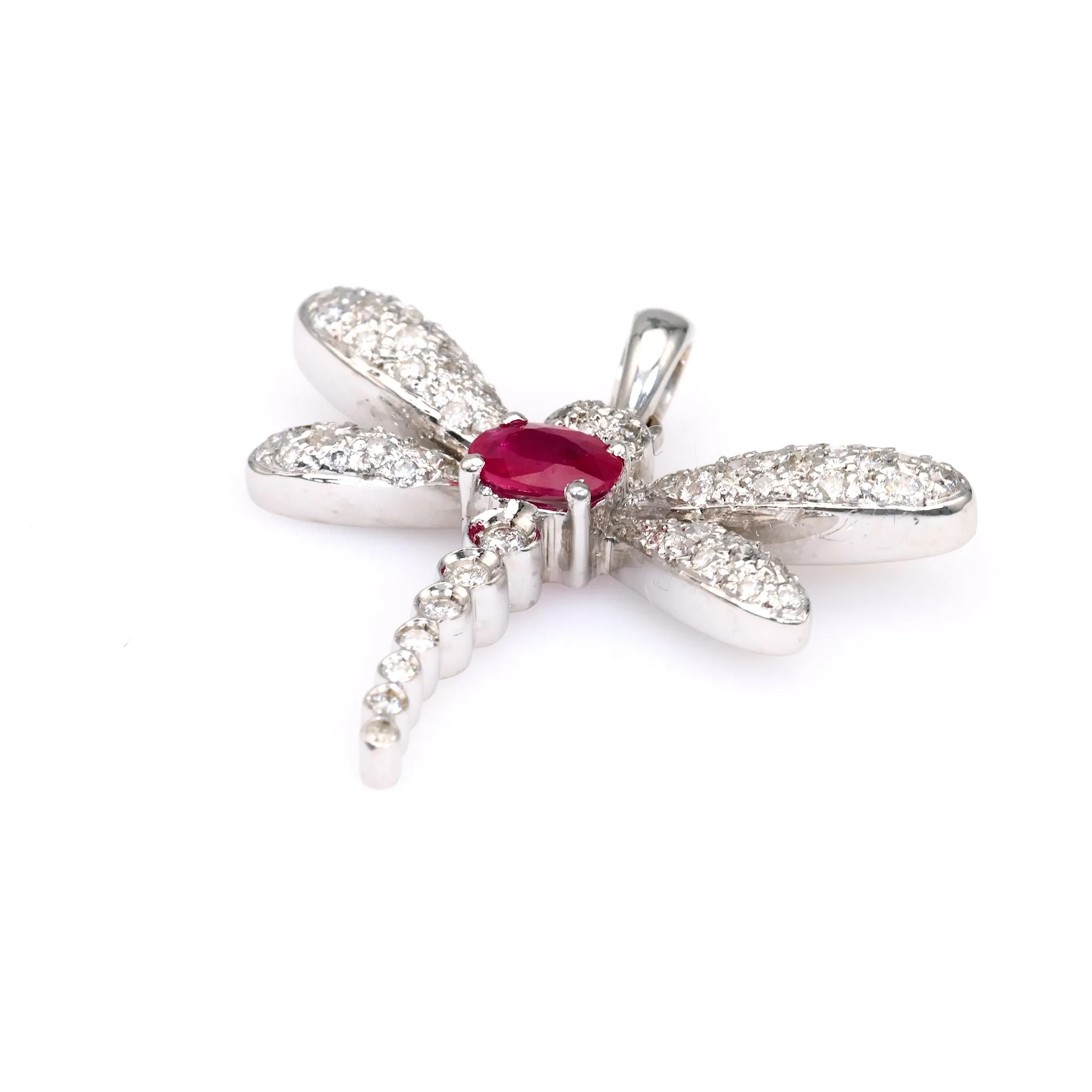 Vintage French Ruby Diamond 18k White Gold Dragonfly Pendant