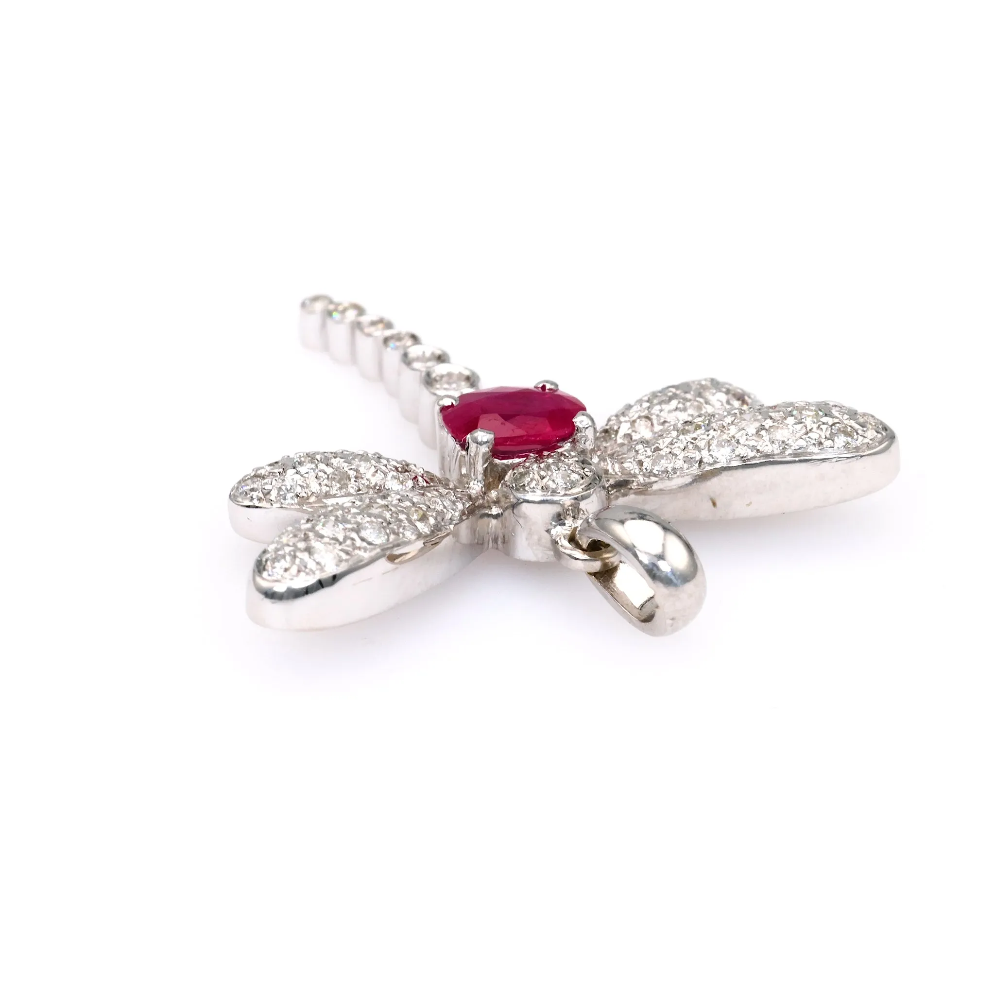 Vintage French Ruby Diamond 18k White Gold Dragonfly Pendant