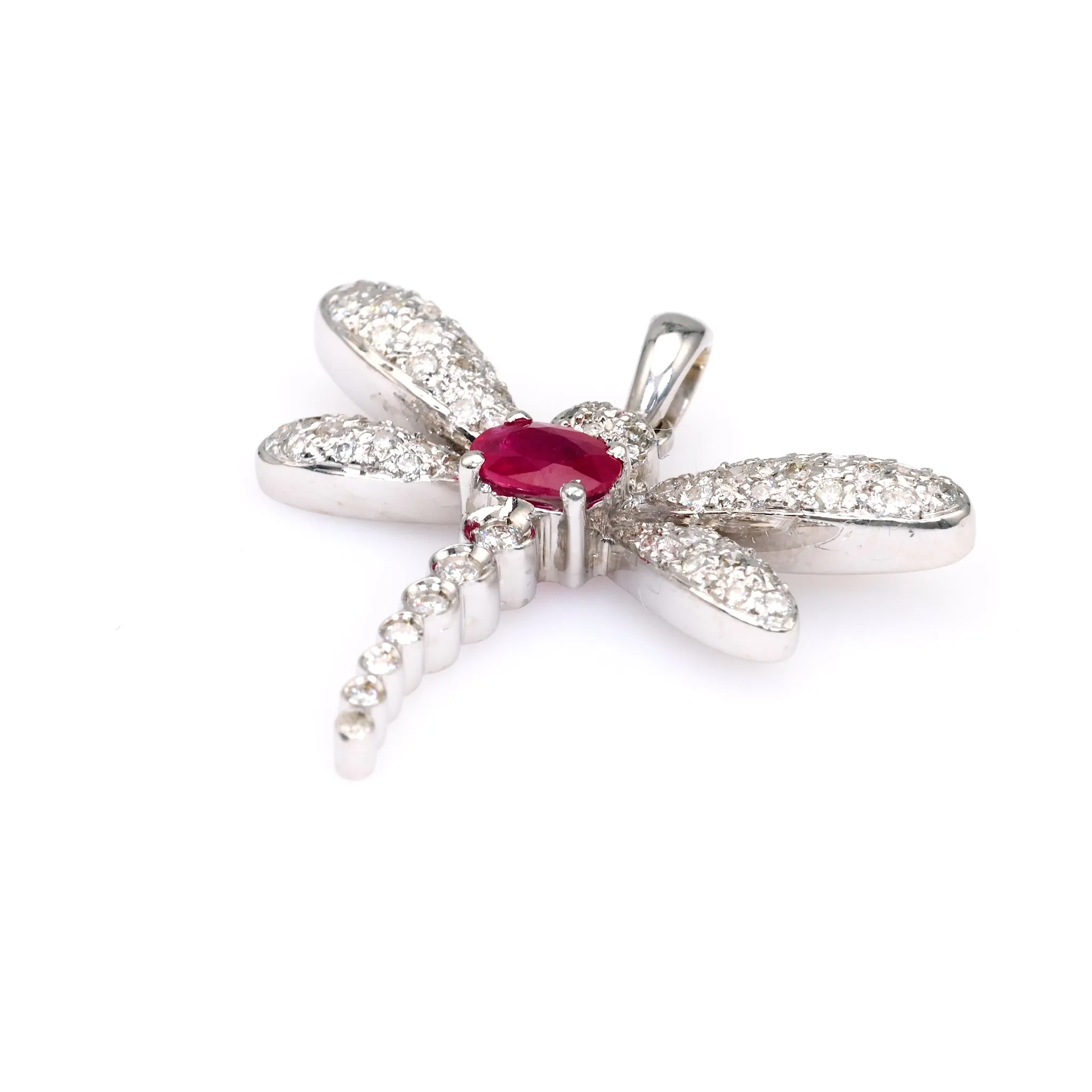 Vintage French Ruby Diamond 18k White Gold Dragonfly Pendant