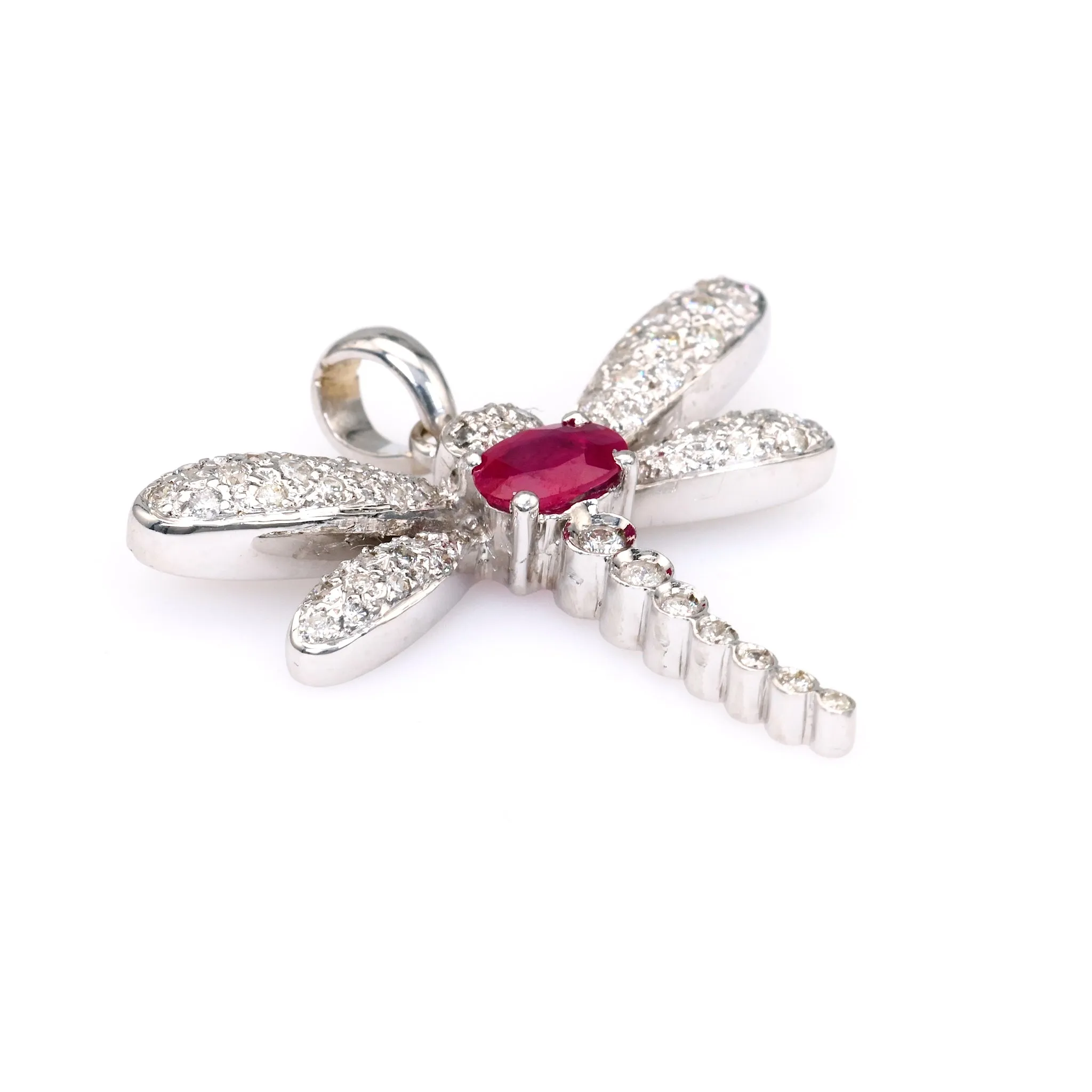 Vintage French Ruby Diamond 18k White Gold Dragonfly Pendant