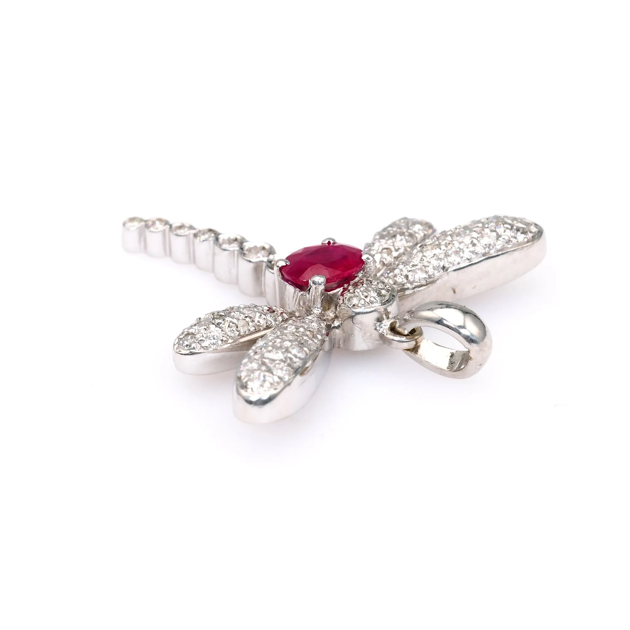 Vintage French Ruby Diamond 18k White Gold Dragonfly Pendant