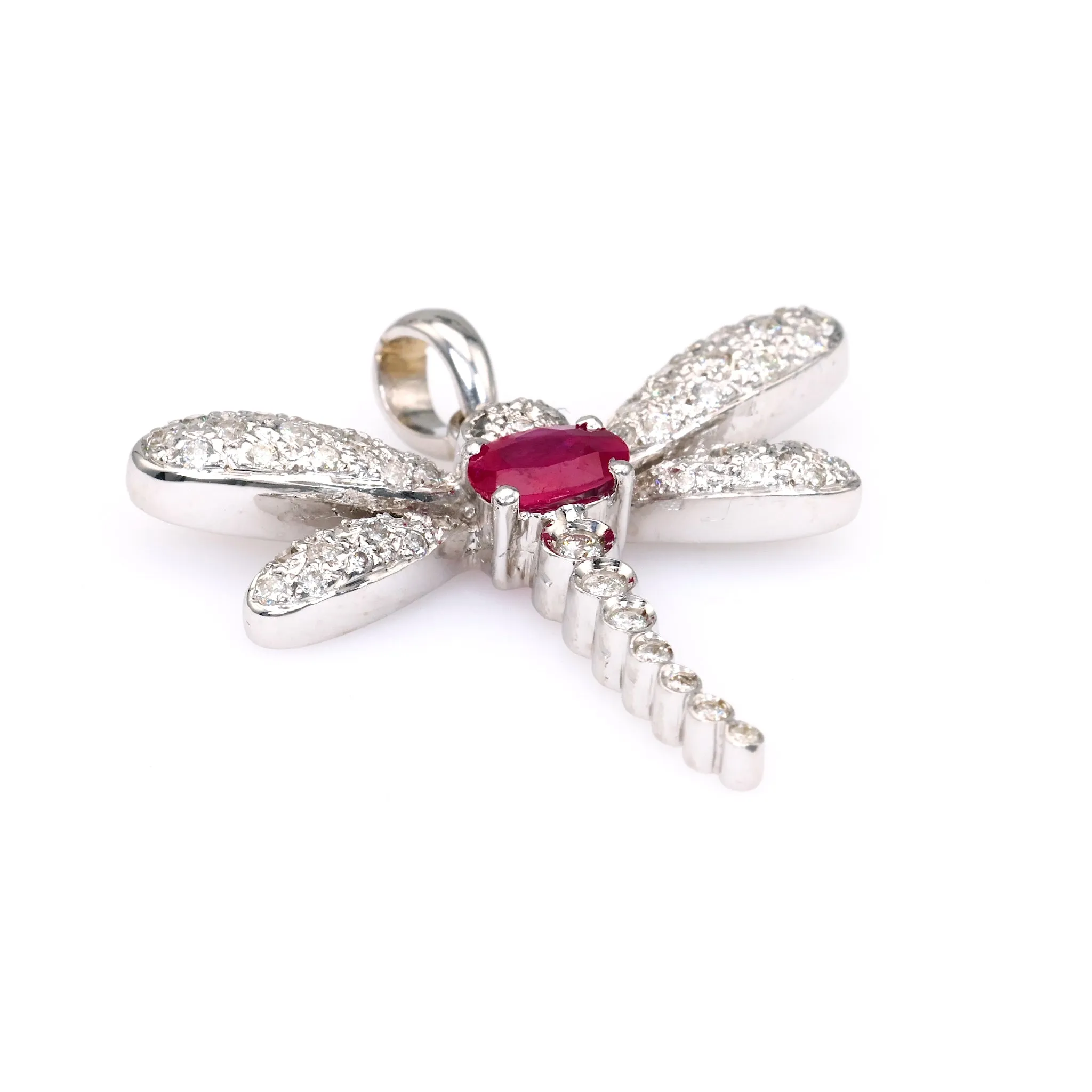 Vintage French Ruby Diamond 18k White Gold Dragonfly Pendant