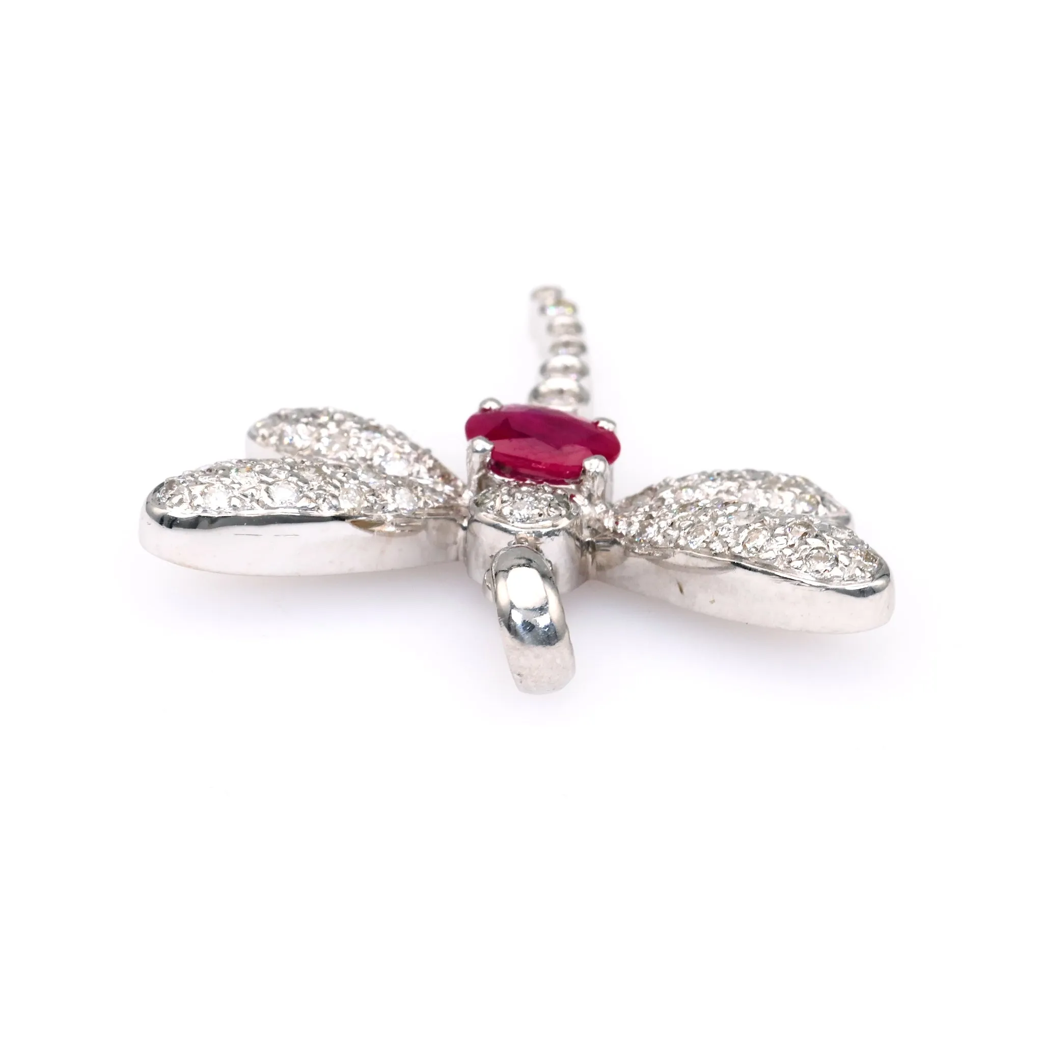 Vintage French Ruby Diamond 18k White Gold Dragonfly Pendant