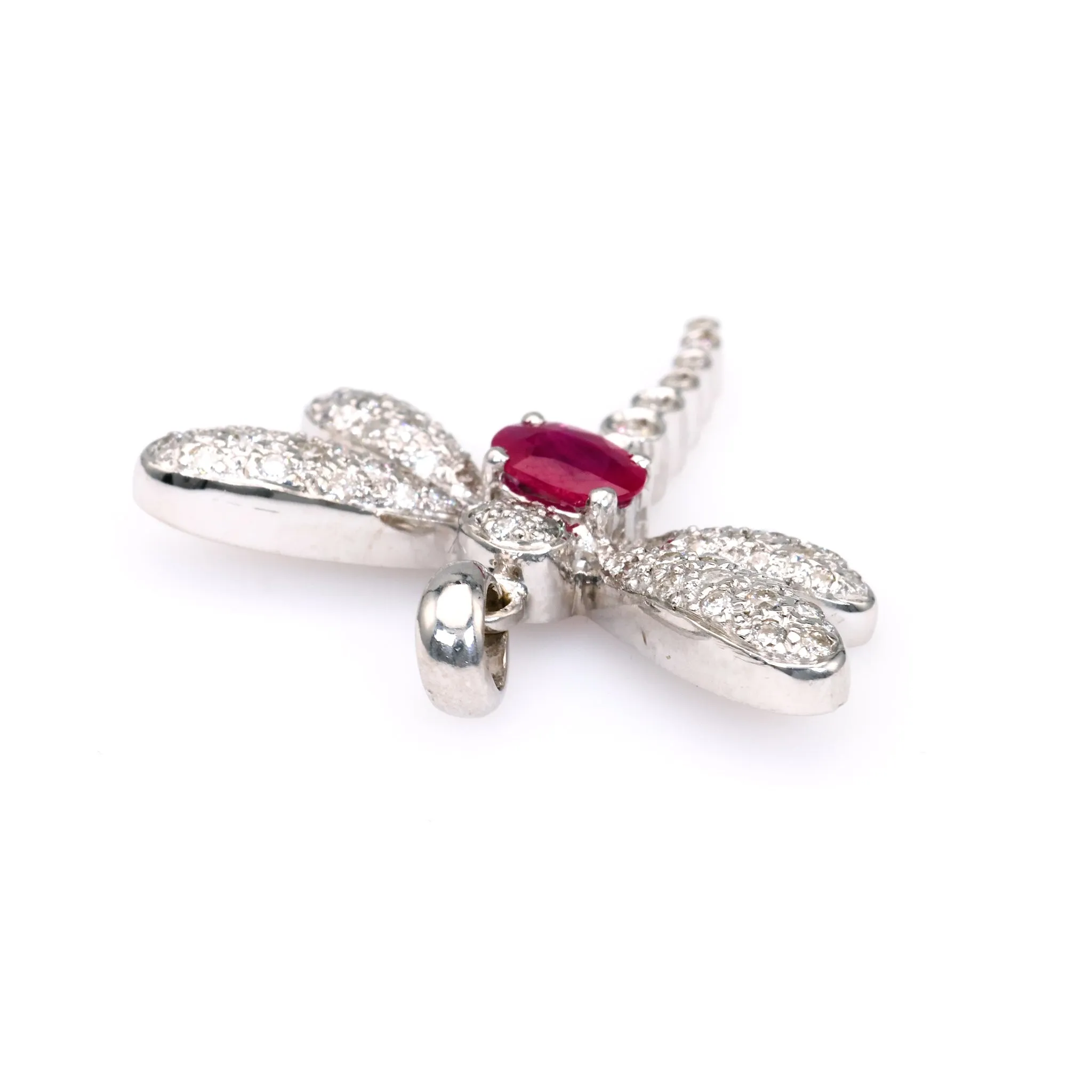 Vintage French Ruby Diamond 18k White Gold Dragonfly Pendant