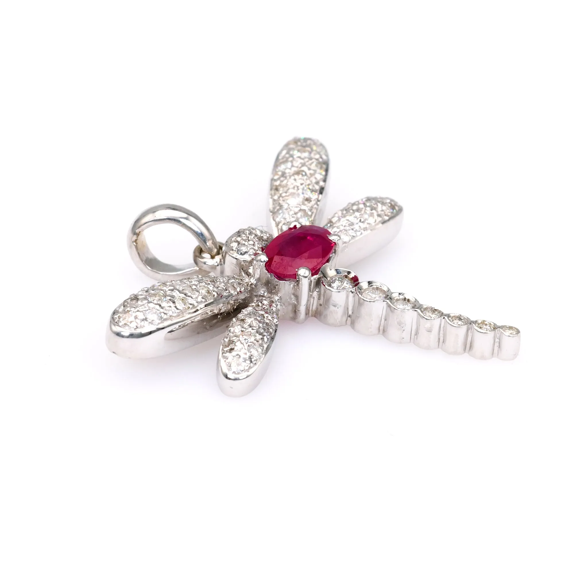 Vintage French Ruby Diamond 18k White Gold Dragonfly Pendant