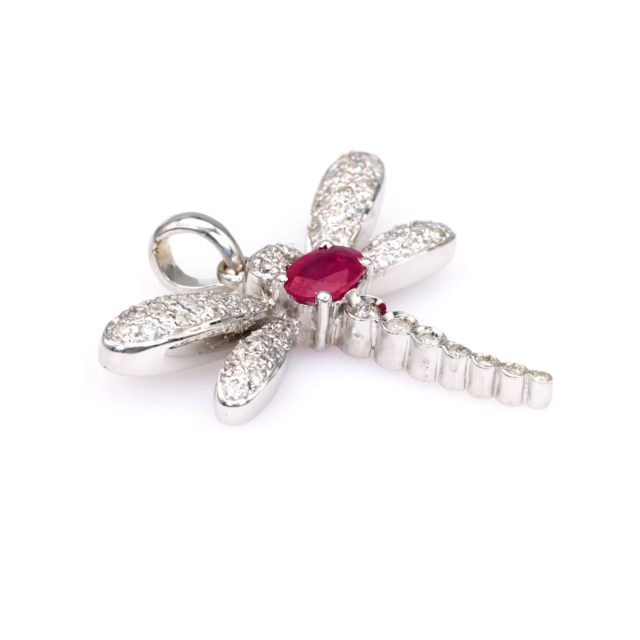 Vintage French Ruby Diamond 18k White Gold Dragonfly Pendant