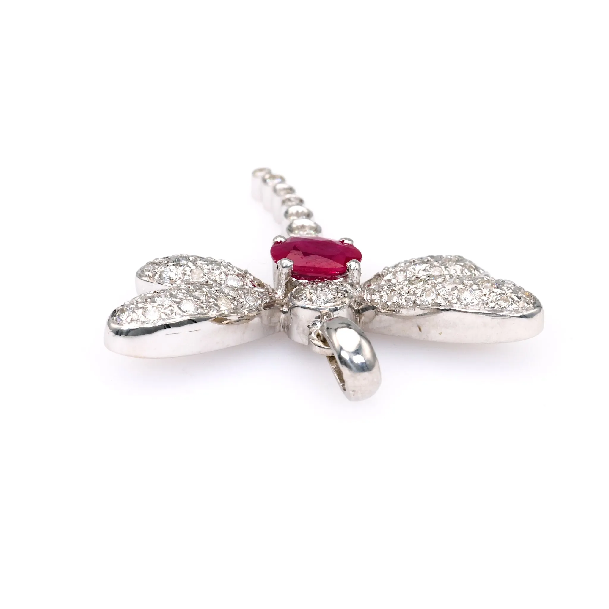 Vintage French Ruby Diamond 18k White Gold Dragonfly Pendant