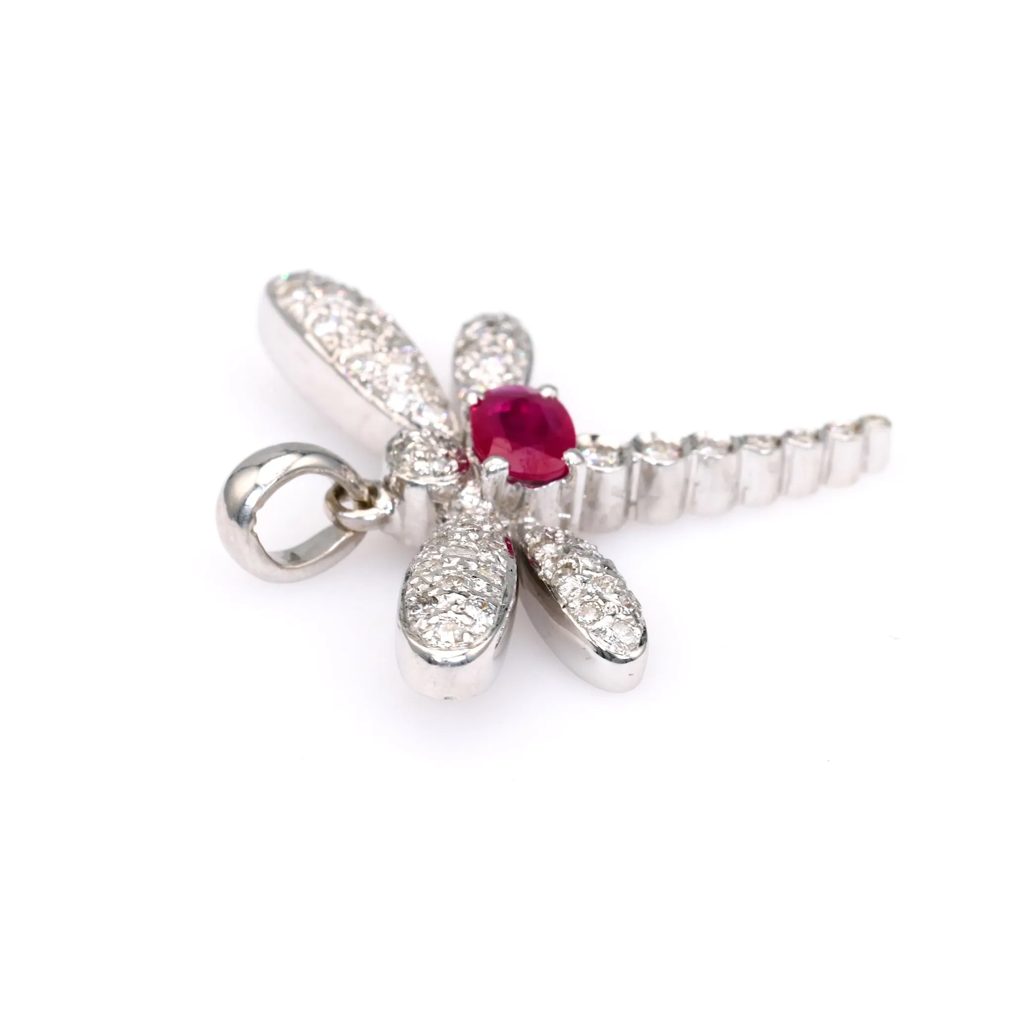 Vintage French Ruby Diamond 18k White Gold Dragonfly Pendant