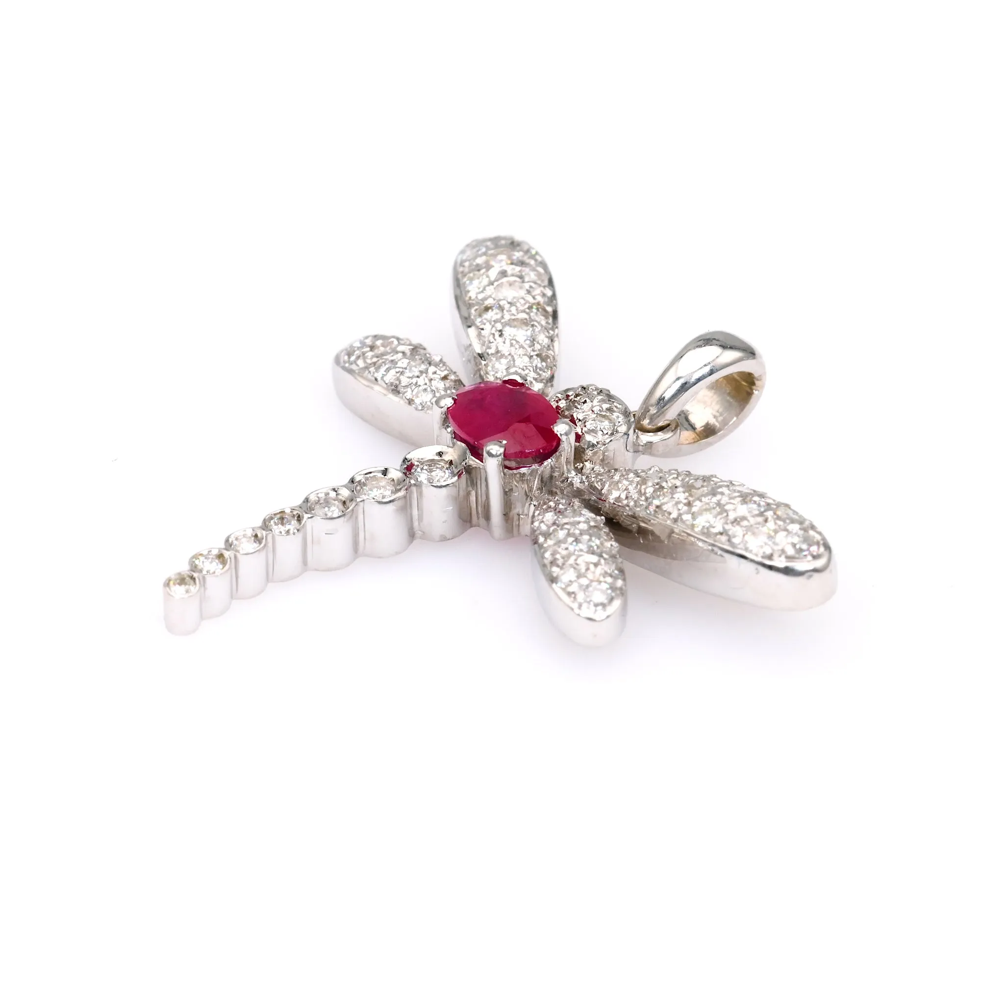 Vintage French Ruby Diamond 18k White Gold Dragonfly Pendant