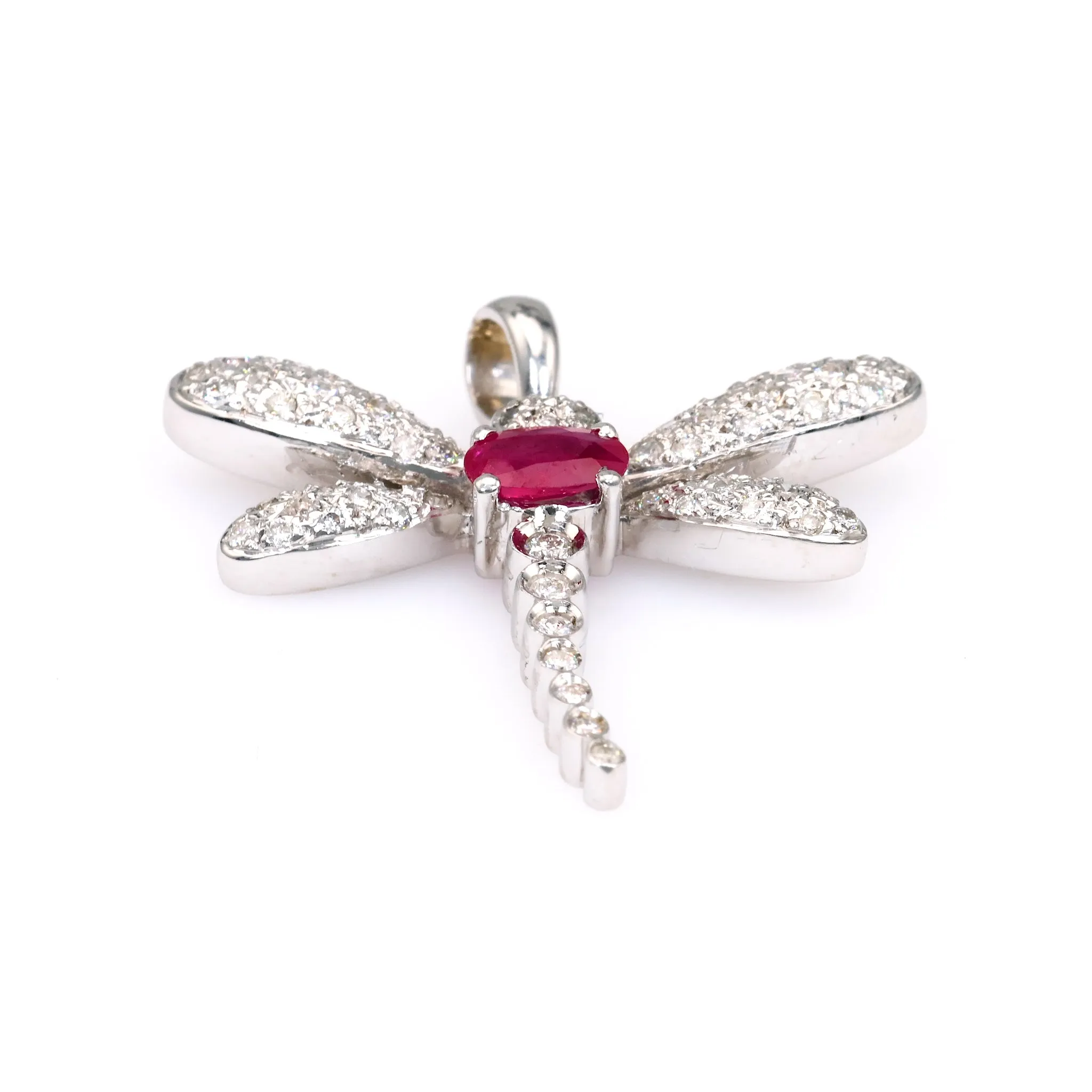 Vintage French Ruby Diamond 18k White Gold Dragonfly Pendant