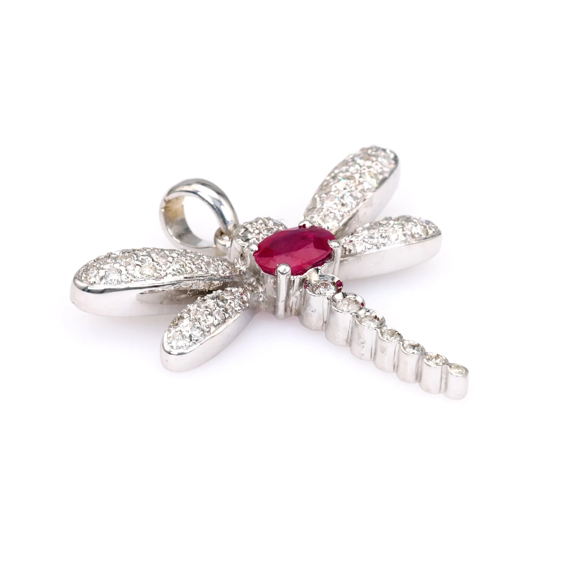 Vintage French Ruby Diamond 18k White Gold Dragonfly Pendant