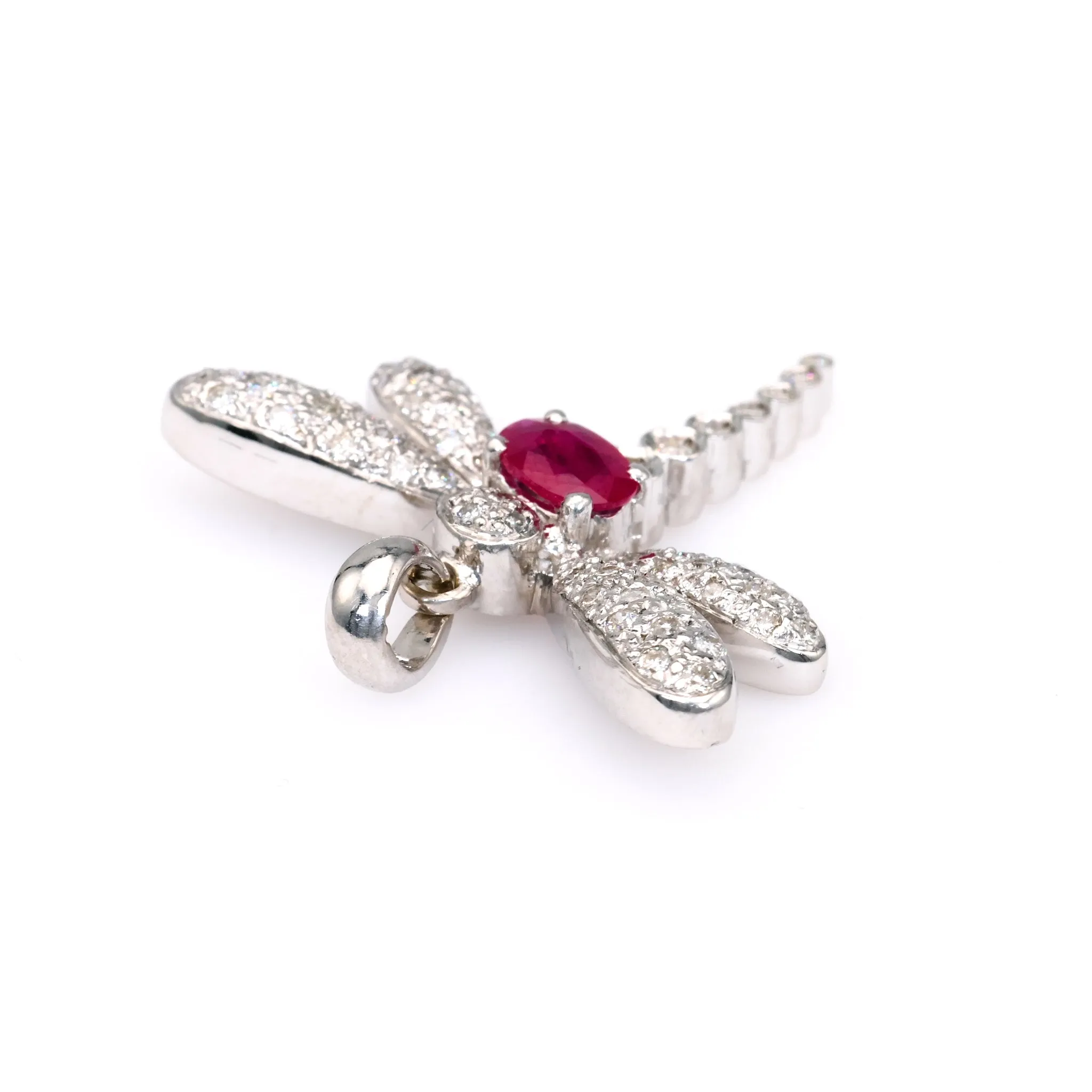 Vintage French Ruby Diamond 18k White Gold Dragonfly Pendant